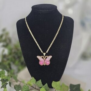 Gold Filled Chain Necklace with Pink Ombre Butterfly Pendant